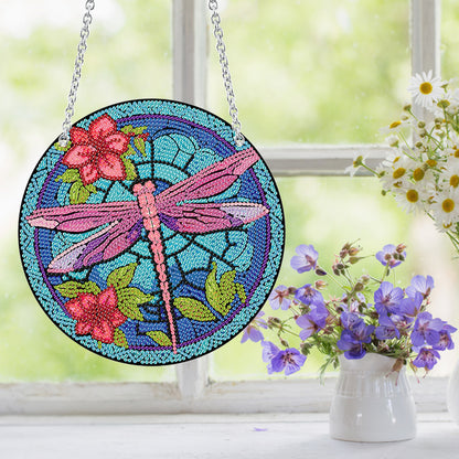 Acrylic Round Single-Sided Diamond Art Hanging Pendant 20x20cm (Dragonfly #1)