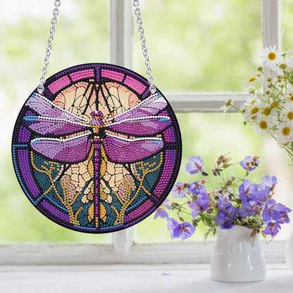 Acrylic Round Single-Sided Diamond Art Hanging Pendant 20x20cm (Dragonfly #2)