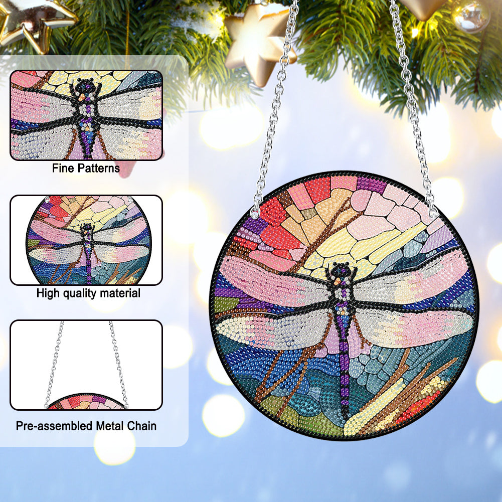 Acrylic Round Single-Sided Diamond Art Hanging Pendant 20x20cm (Dragonfly #3)