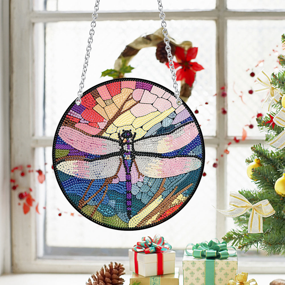 Acrylic Round Single-Sided Diamond Art Hanging Pendant 20x20cm (Dragonfly #3)