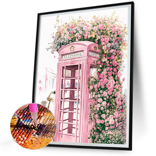 Pink Flower Phone Booth - Full Round Drill Diamond Painting 30*40CM