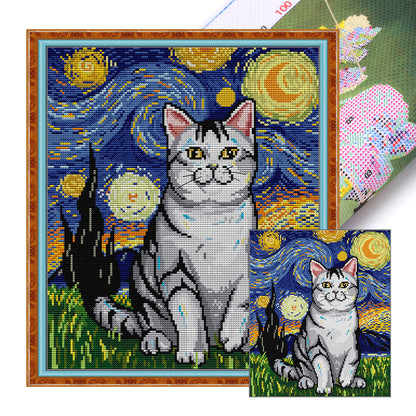 Starry Night And Cat - 14CT Stamped Cross Stitch 31*35CM(Joy Sunday)