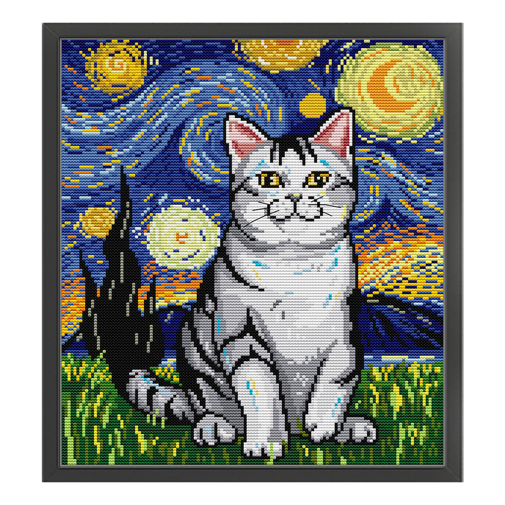 Starry Night And Cat - 14CT Stamped Cross Stitch 31*35CM(Joy Sunday)