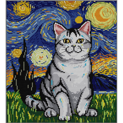 Starry Night And Cat - 14CT Stamped Cross Stitch 31*35CM(Joy Sunday)