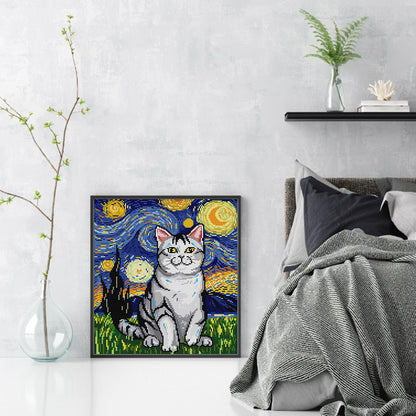 Starry Night And Cat - 14CT Stamped Cross Stitch 31*35CM(Joy Sunday)