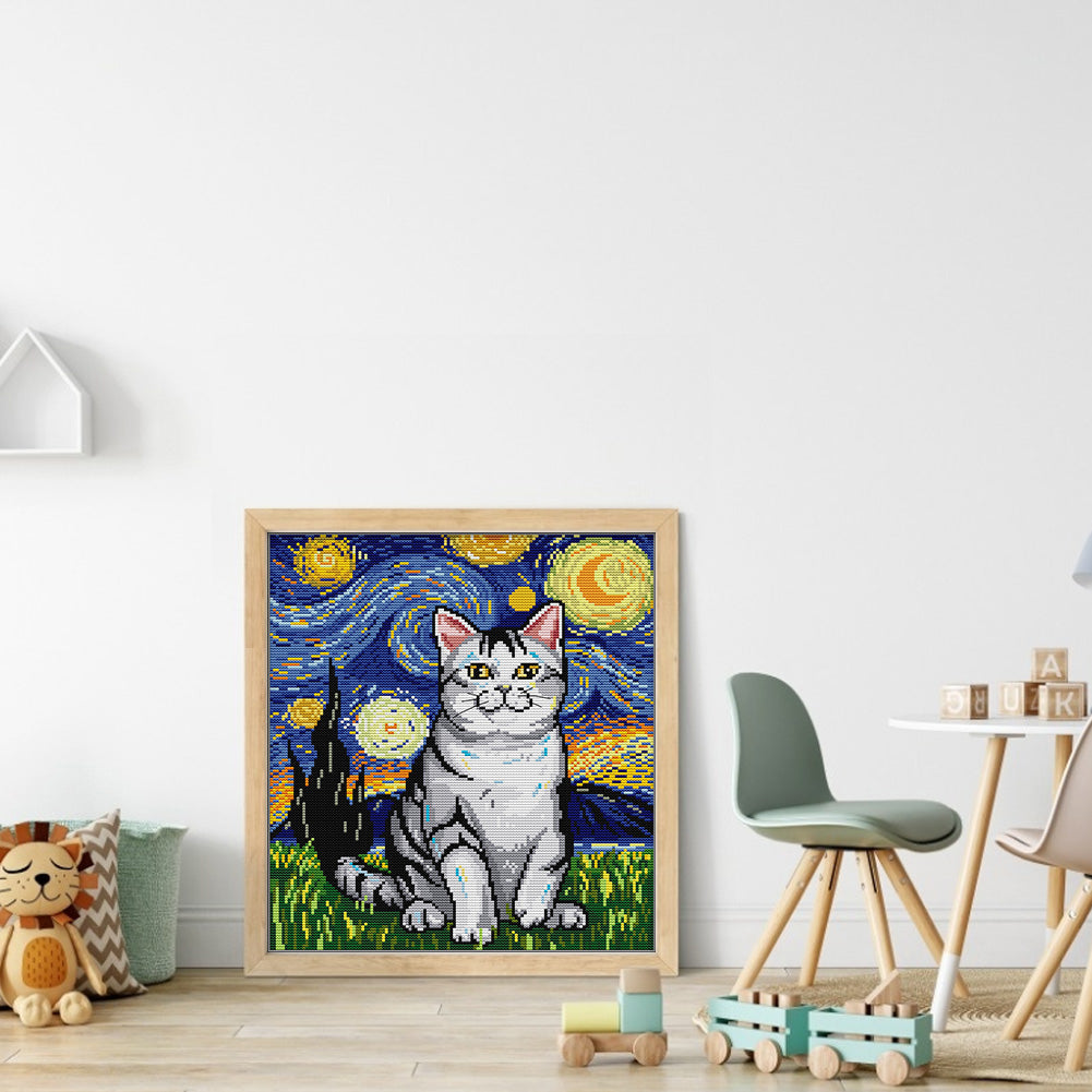 Starry Night And Cat - 14CT Stamped Cross Stitch 31*35CM(Joy Sunday)