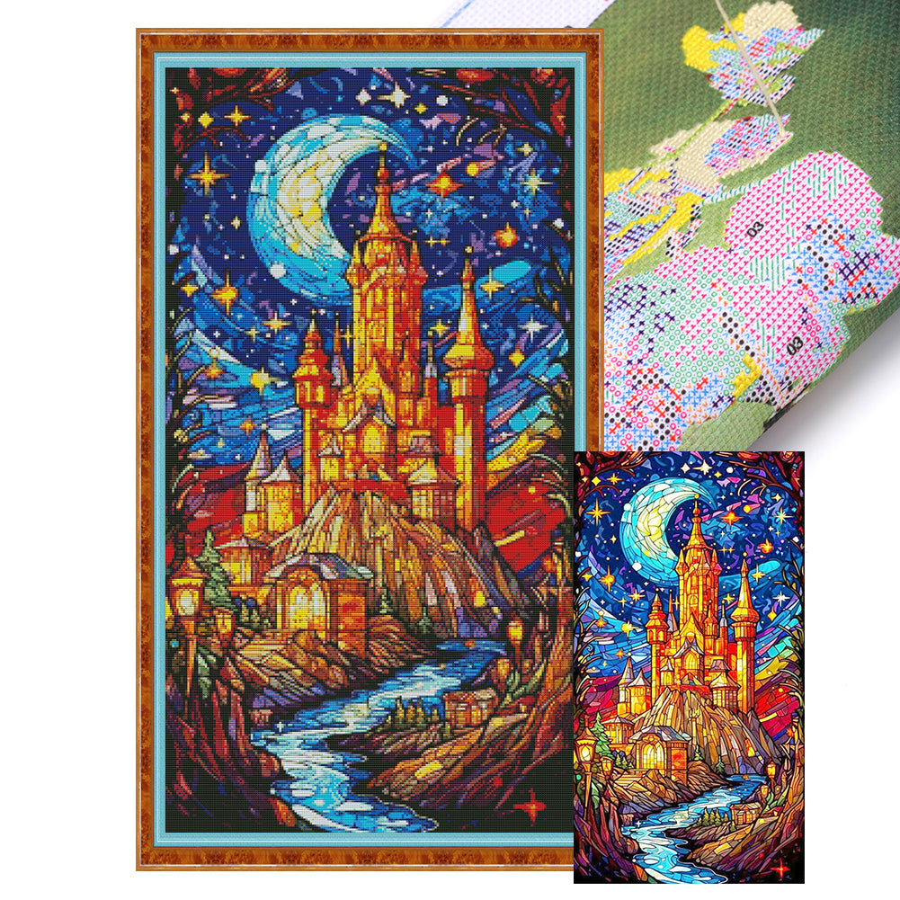 Glass Painting-Castle Under The Stars - 14CT Stamped Cross Stitch 40*50CM