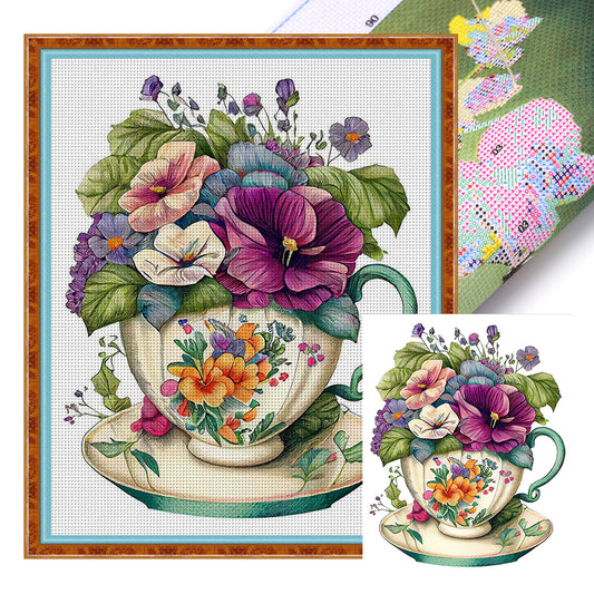 Flowers In Tea Cup - 18CT Stamped Cross Stitch 20*25CM