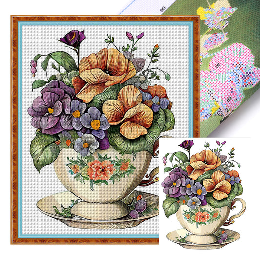 Flowers In Tea Cup - 18CT Stamped Cross Stitch 20*25CM