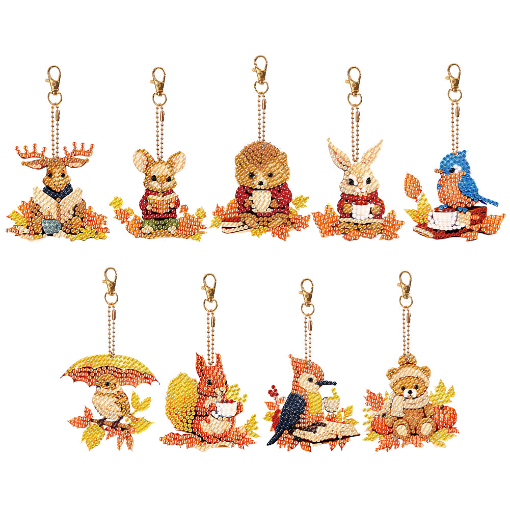 9PCS Full Drill Keyring Bird Bear Double Sided Special Shape Diamond Art Keyring