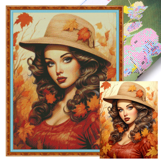 Woman And Maple Leaf - 11CT Stamped Cross Stitch 50*65CM