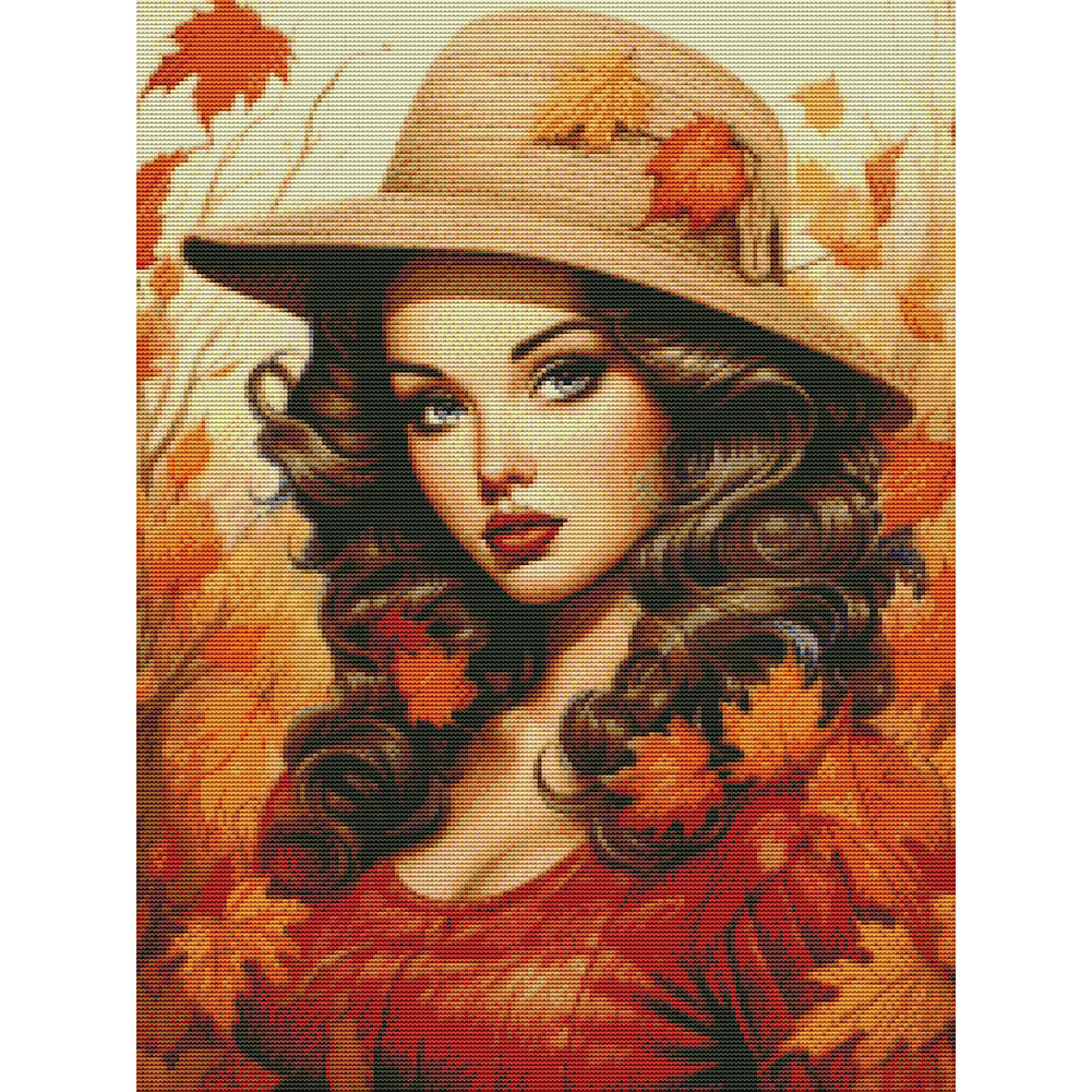Woman And Maple Leaf - 11CT Stamped Cross Stitch 50*65CM