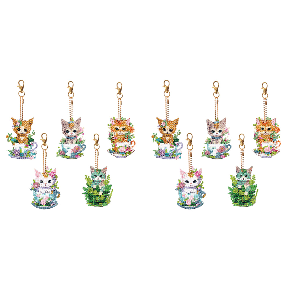 5PCS Double Sided Diamond Art Keyring Cup Cat for Adult Kid Purse Handbag Decor