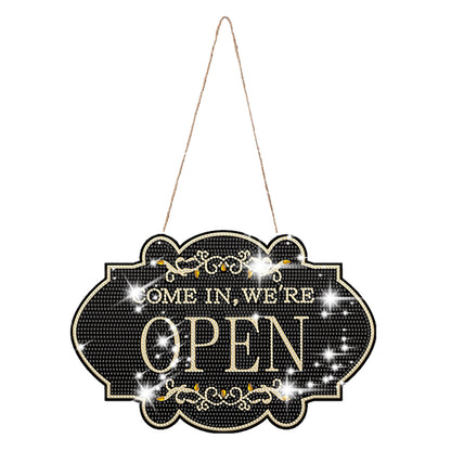 Wooden Shop Sign Diamond Painting Hanging Pendant for Wall Decor (Open Black)