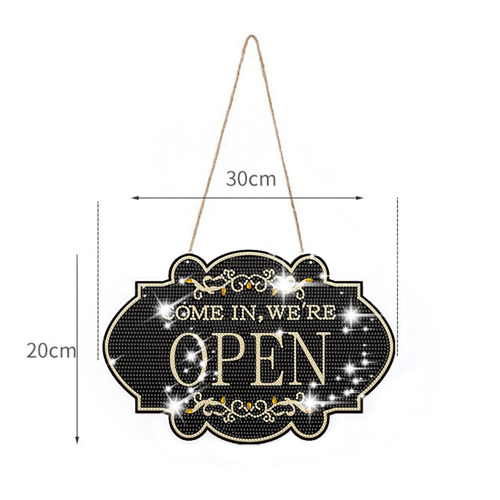 Wooden Shop Sign Diamond Painting Hanging Pendant for Wall Decor (Open Black)