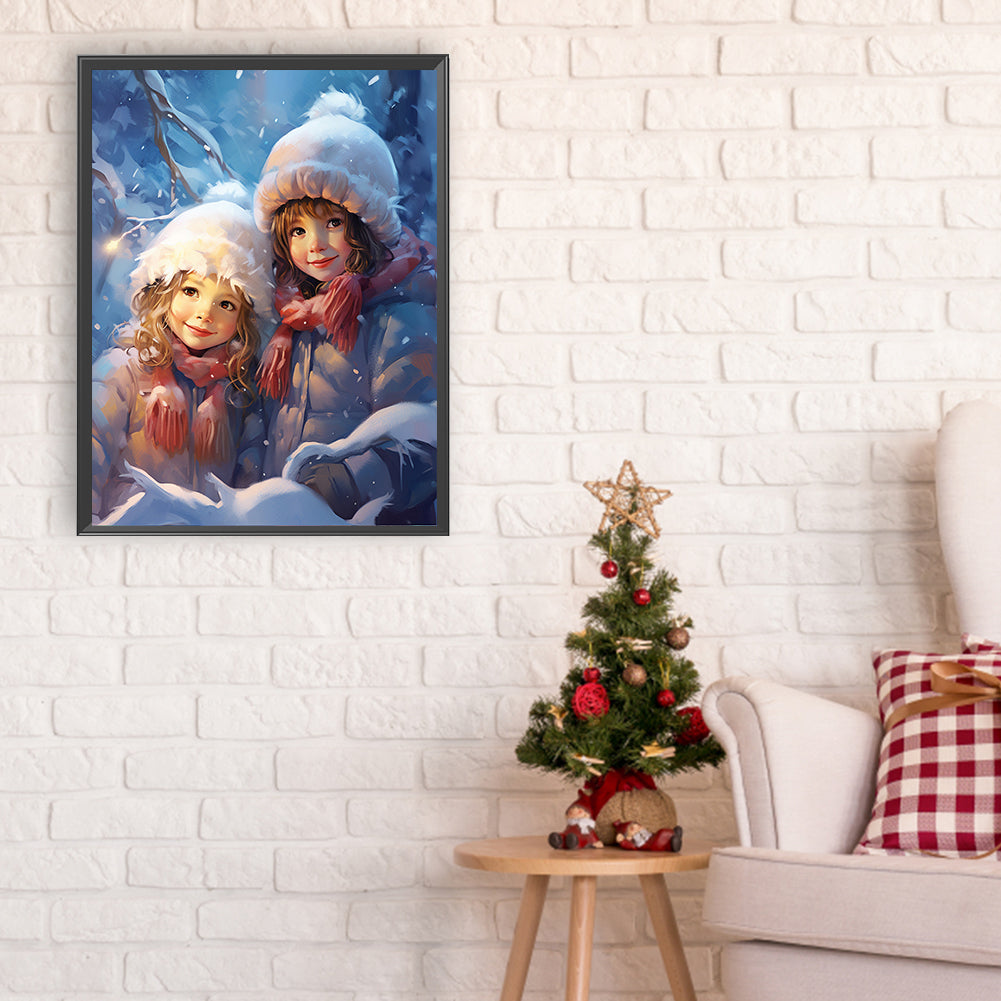 Snowman Child In The Snow - Full Round Drill Diamond Painting 30*40CM