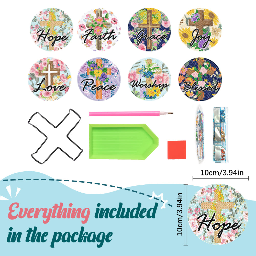 8PCS Acrylic Cross and Good Words Diamond Painting DIY Coaster for Adults Kids