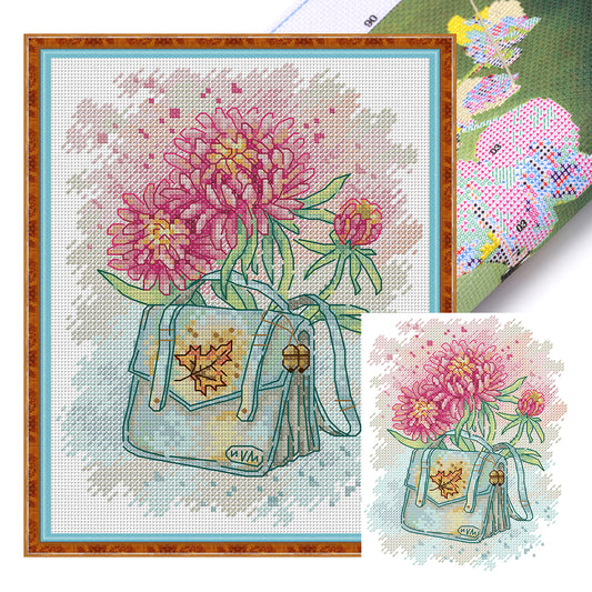 School Bag And Autumn Chrysanthemum - 14CT Stamped Cross Stitch 18*22CM(Joy Sunday)