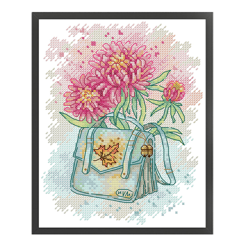 School Bag And Autumn Chrysanthemum - 14CT Stamped Cross Stitch 18*22CM(Joy Sunday)