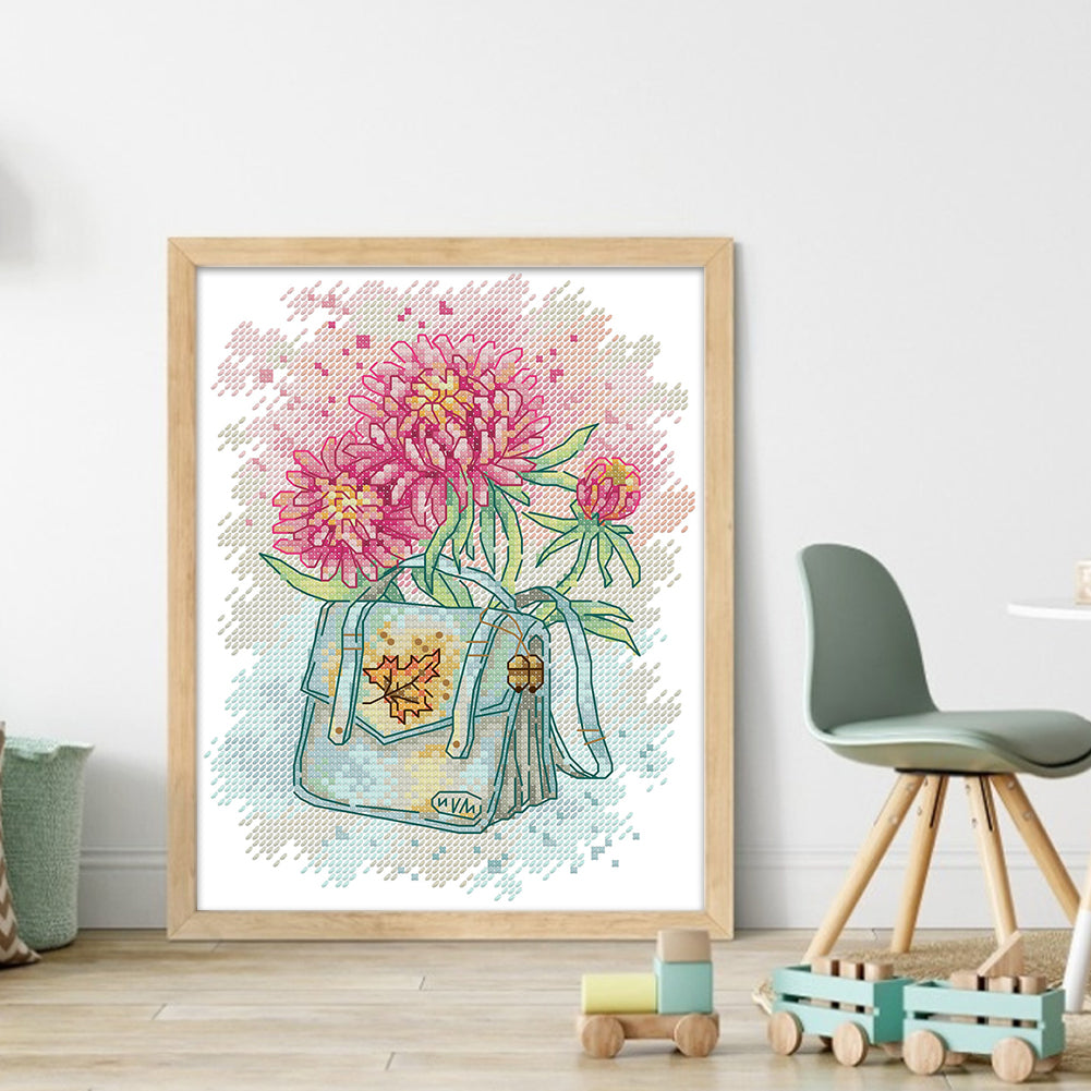 School Bag And Autumn Chrysanthemum - 14CT Stamped Cross Stitch 18*22CM(Joy Sunday)