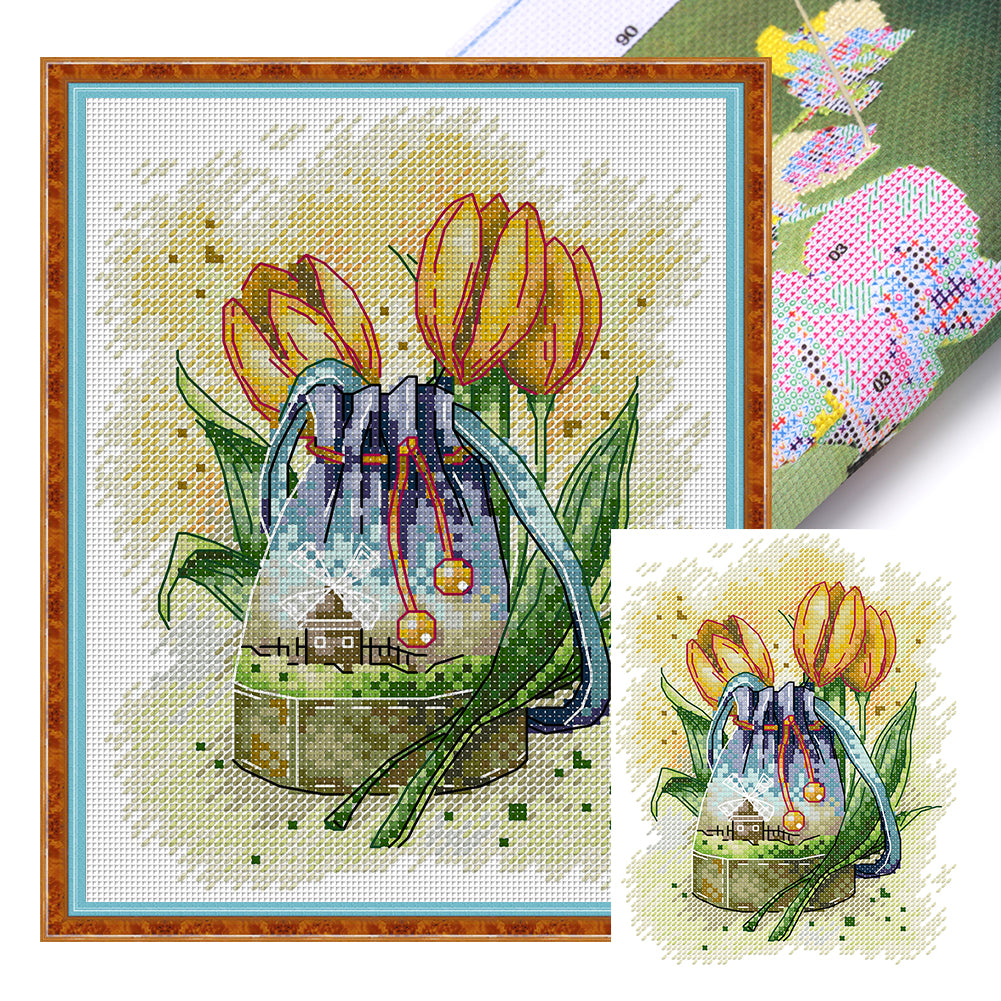 School Bag And Tulips - 14CT Stamped Cross Stitch 18*21CM(Joy Sunday)