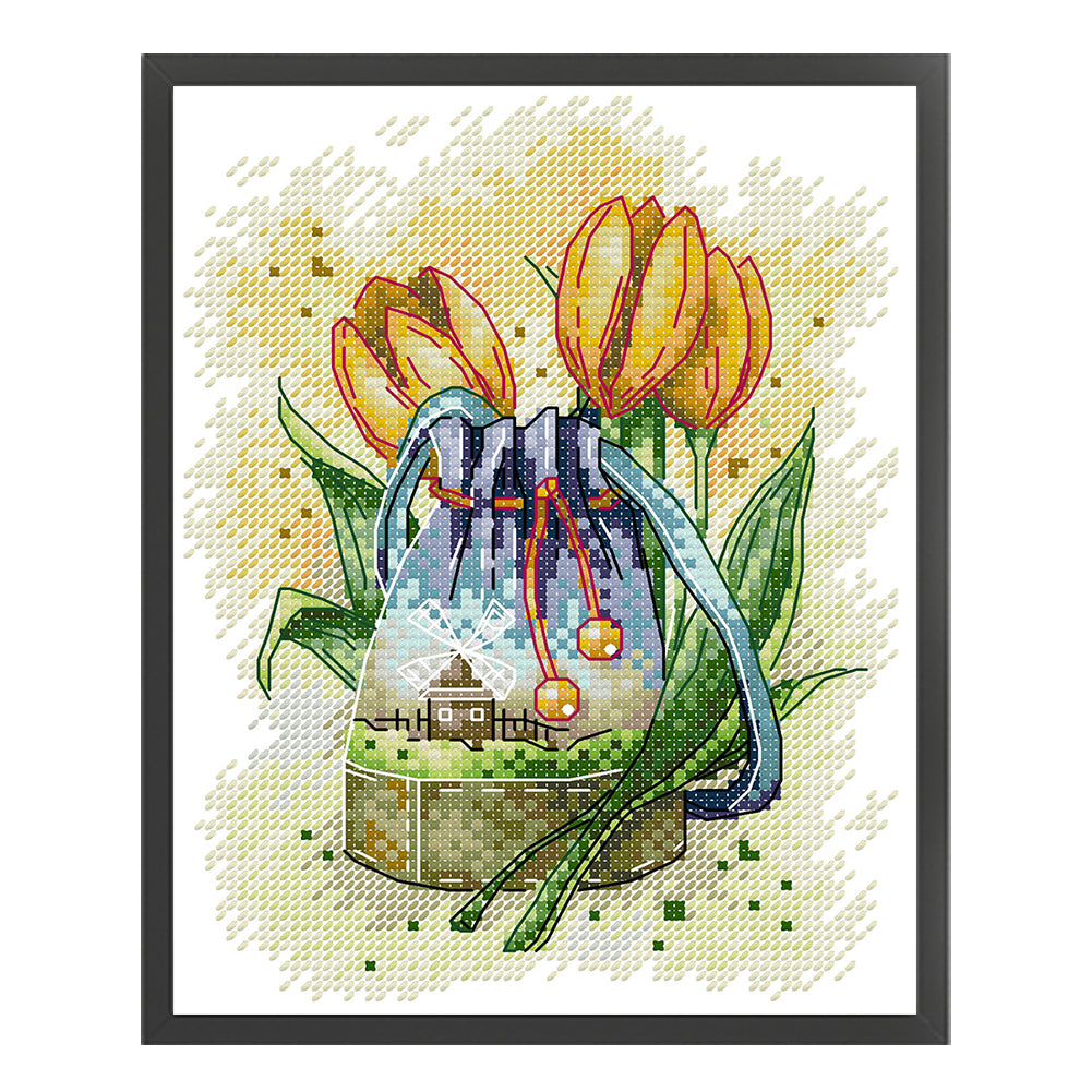 School Bag And Tulips - 14CT Stamped Cross Stitch 18*21CM(Joy Sunday)