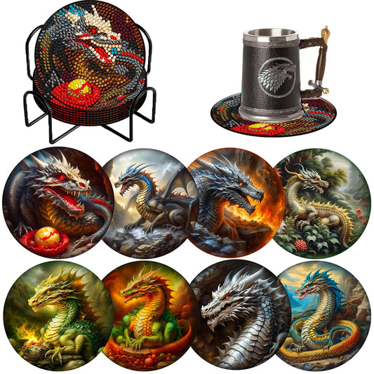 8PCS Wooden Diamond Painting Coasters Kits for Adults Kids Beginner (Dragon)