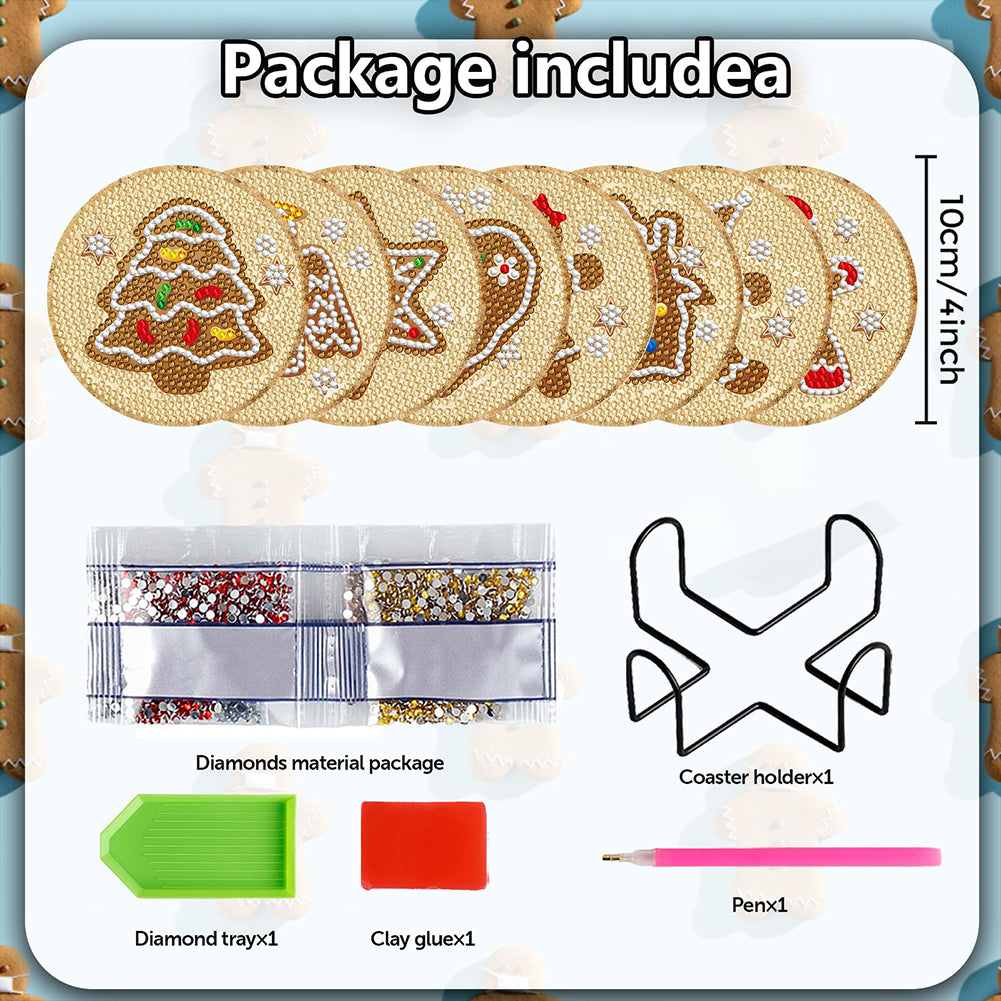 8PCS Wooden Diamond Painting Coasters Kits for Adults Kids (Gingerbread Man)