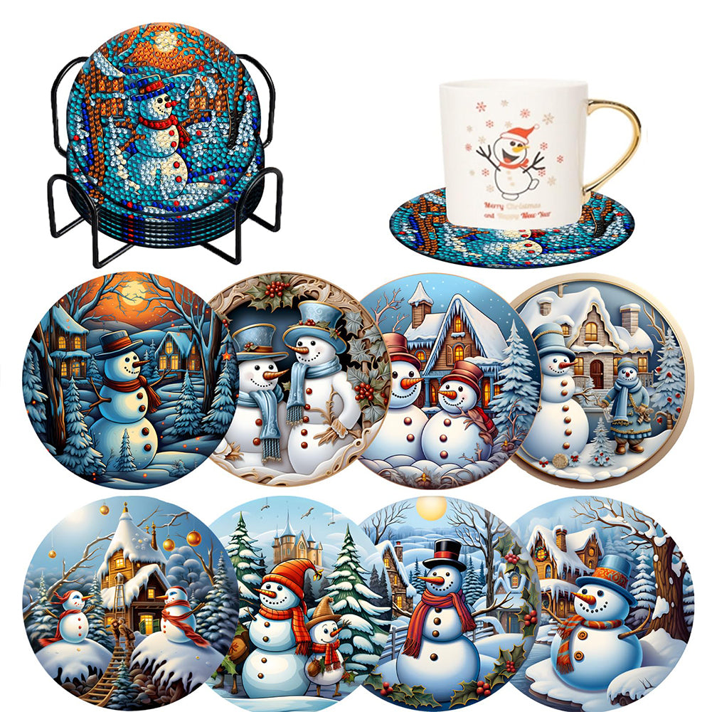 8PCS Wooden Diamond Painting Coasters Kits for Adults Kids (Christmas Snowman)