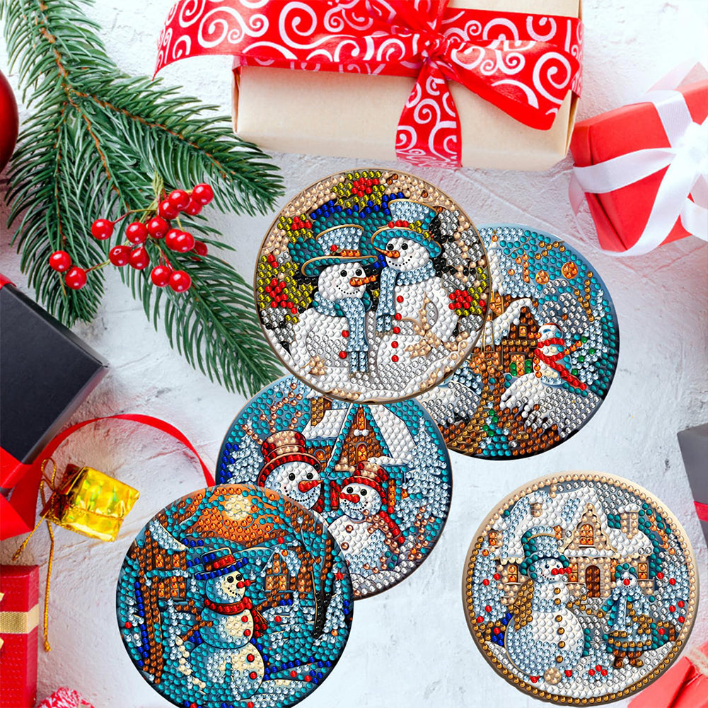 8PCS Wooden Diamond Painting Coasters Kits for Adults Kids (Christmas Snowman)