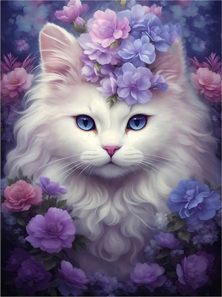 Purple White Cat - Full Round Drill Diamond Painting 30*40CM