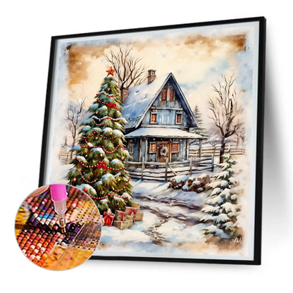 Christmas Tree In Front Of House - Full Round Drill Diamond Painting 30*30CM