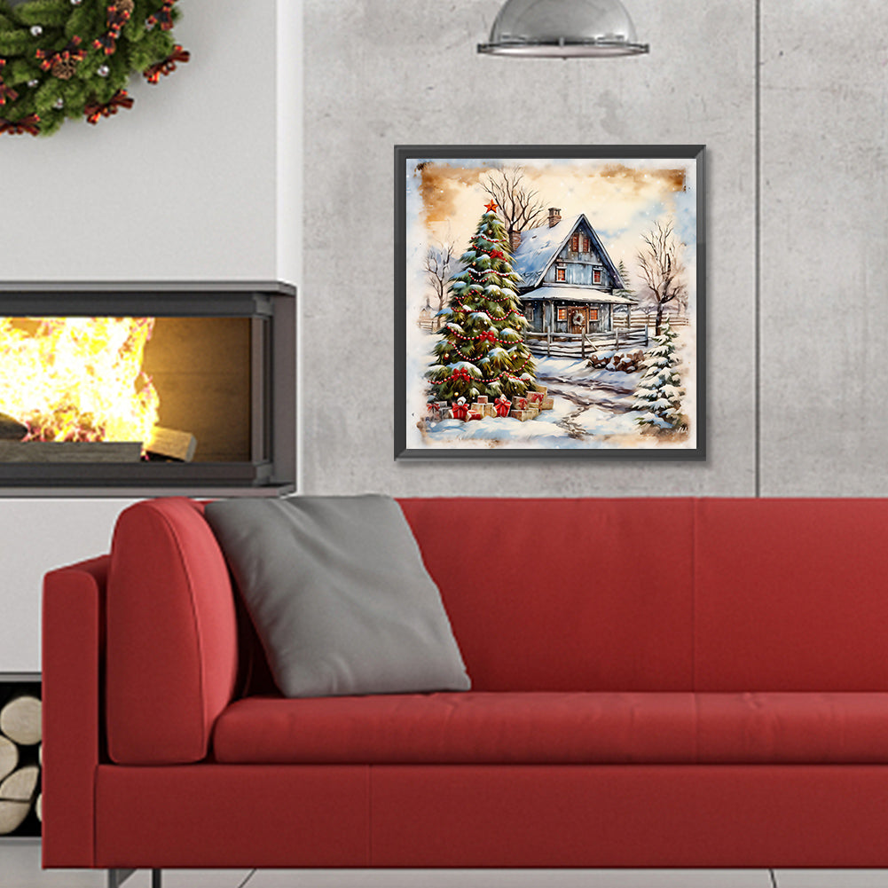 Christmas Tree In Front Of House - Full Round Drill Diamond Painting 30*30CM