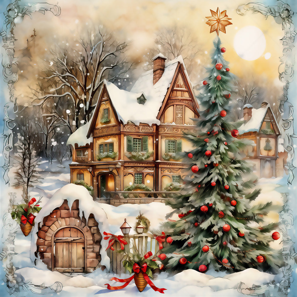 Christmas Tree In Front Of House - Full Round Drill Diamond Painting 30*30CM