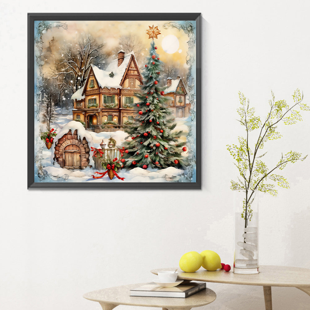 Christmas Tree In Front Of House - Full Round Drill Diamond Painting 30*30CM