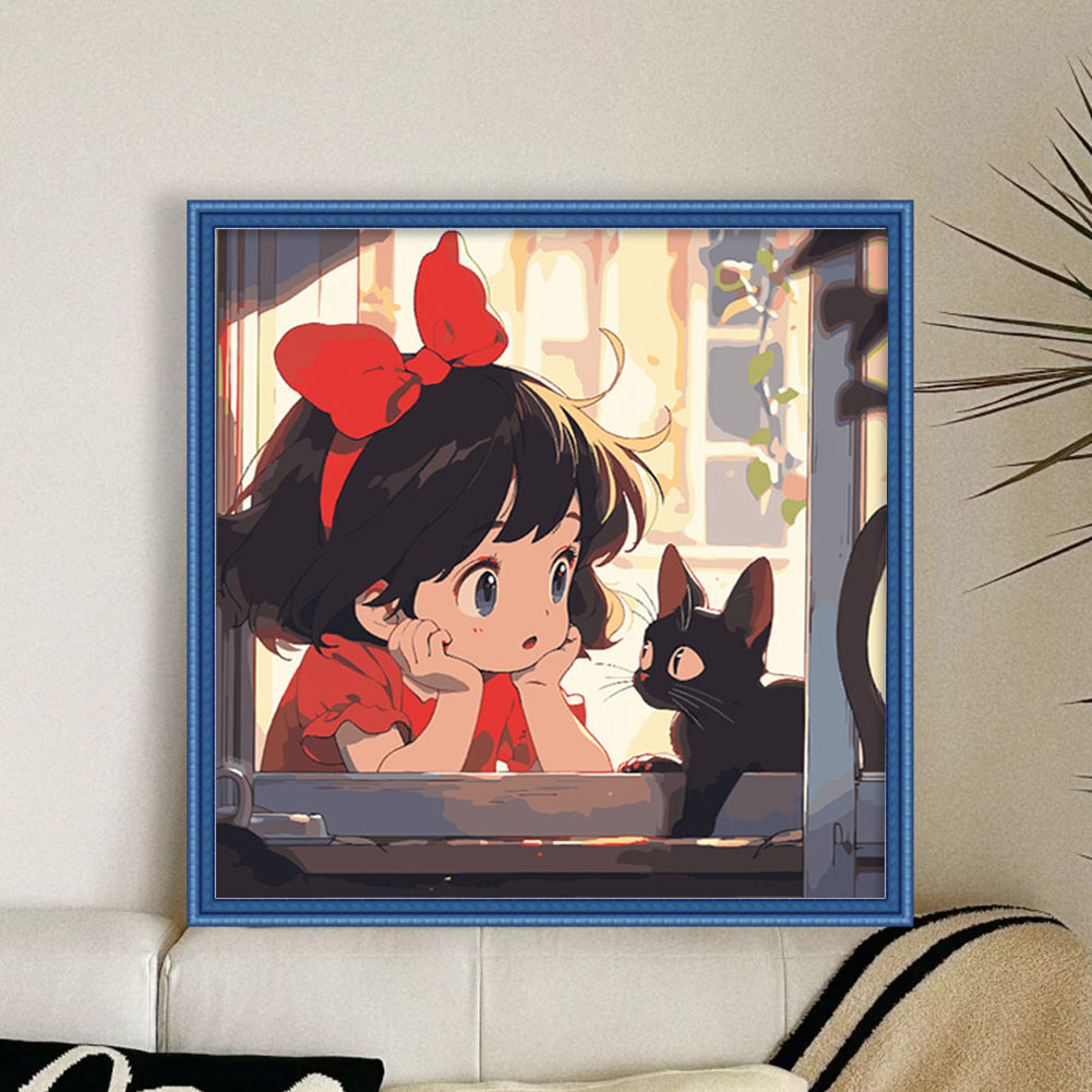 Little Girl And Black Cat - 9CT Stamped Cross Stitch 50*50CM