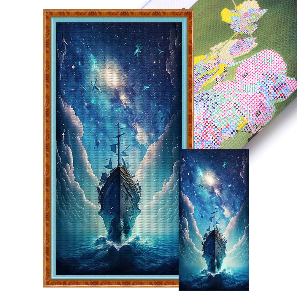 Ship At Sea Under Moonlight - 11CT Stamped Cross Stitch 40*80CM
