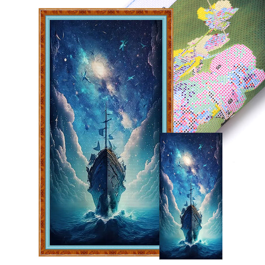 Ship At Sea Under Moonlight - 11CT Stamped Cross Stitch 40*80CM
