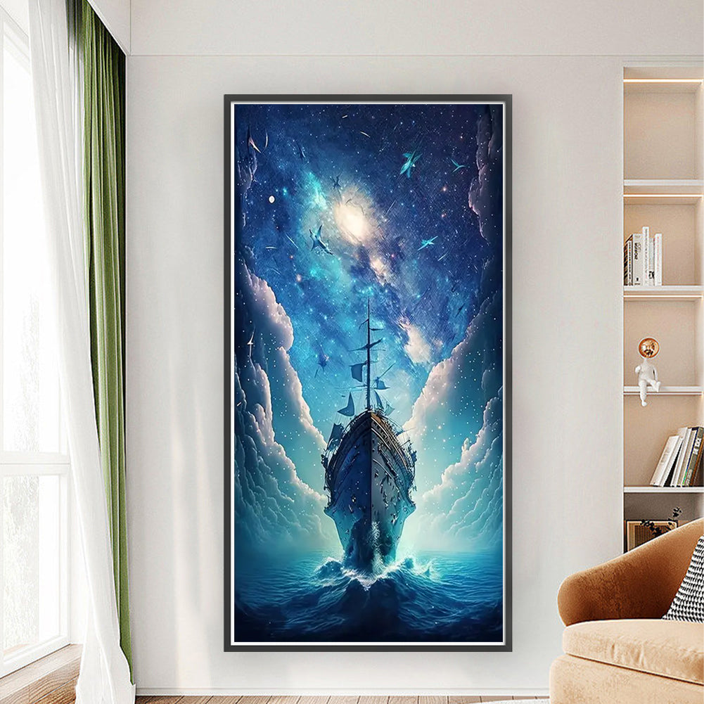 Ship At Sea Under Moonlight - 11CT Stamped Cross Stitch 40*80CM