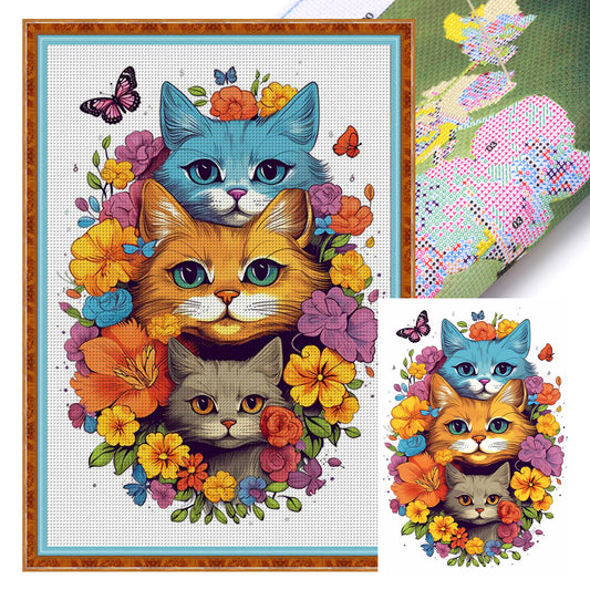 Flowers And Cat - 11CT Stamped Cross Stitch 40*60CM