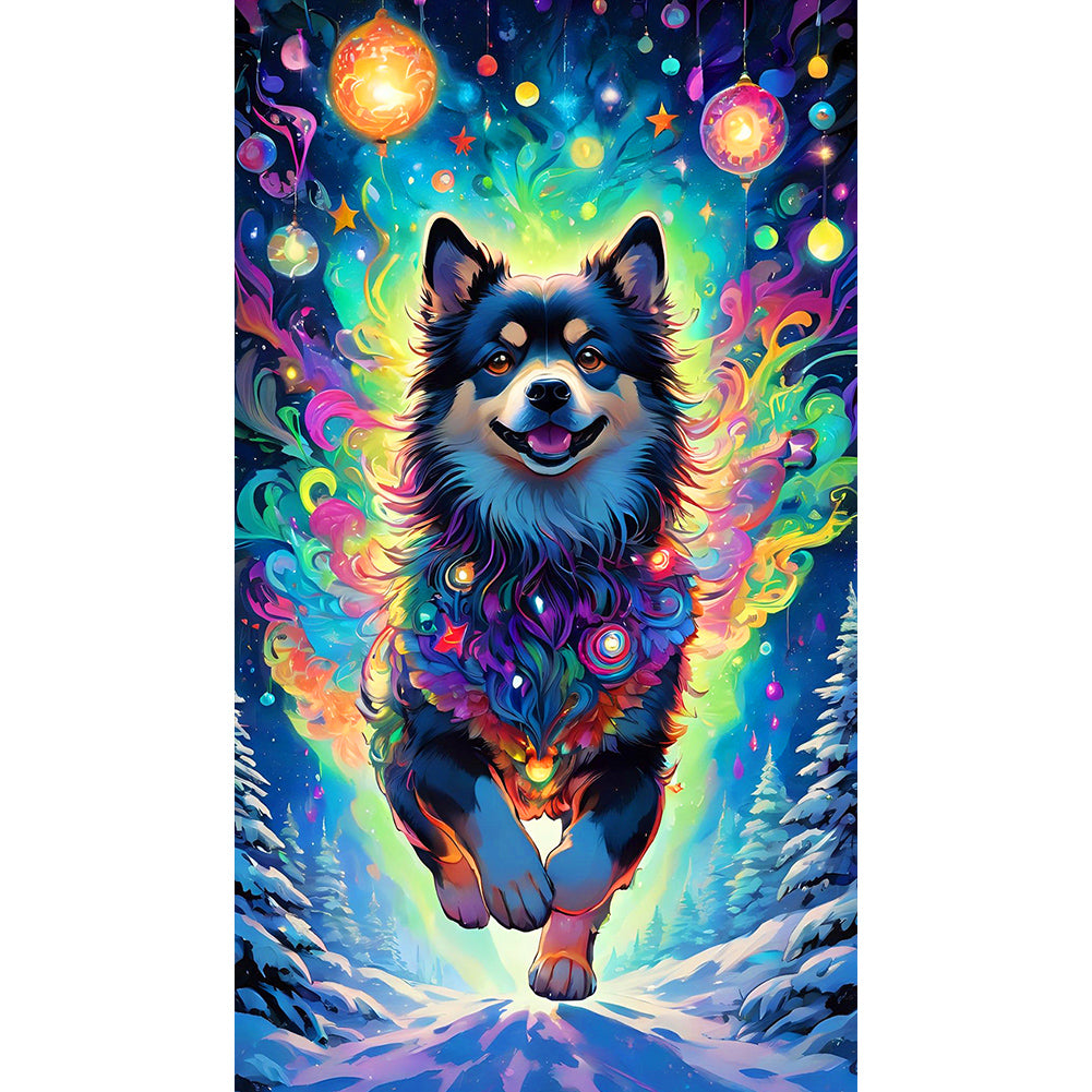 Dog Hanging Christmas Lights Under The Aurora - Full Round Drill Diamond Painting 40*70CM