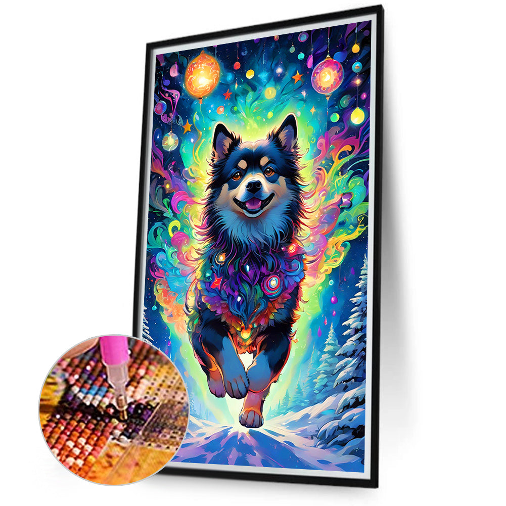 Dog Hanging Christmas Lights Under The Aurora - Full Round Drill Diamond Painting 40*70CM