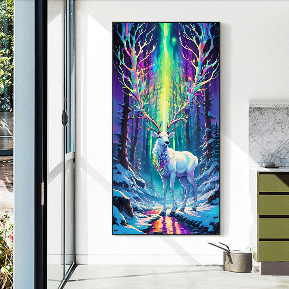 White Deer Under The Aurora - Full Round Drill Diamond Painting 40*70CM
