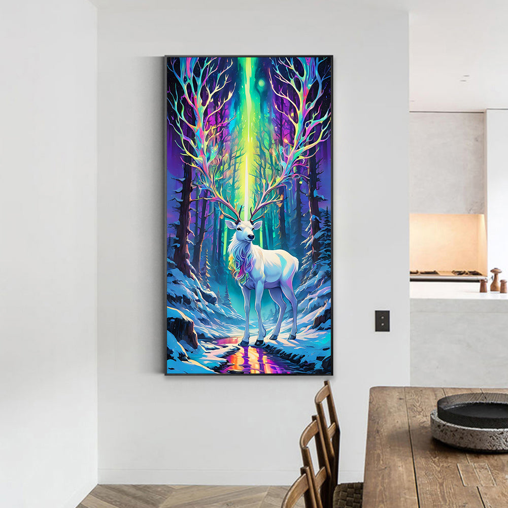 White Deer Under The Aurora - Full Round Drill Diamond Painting 40*70CM