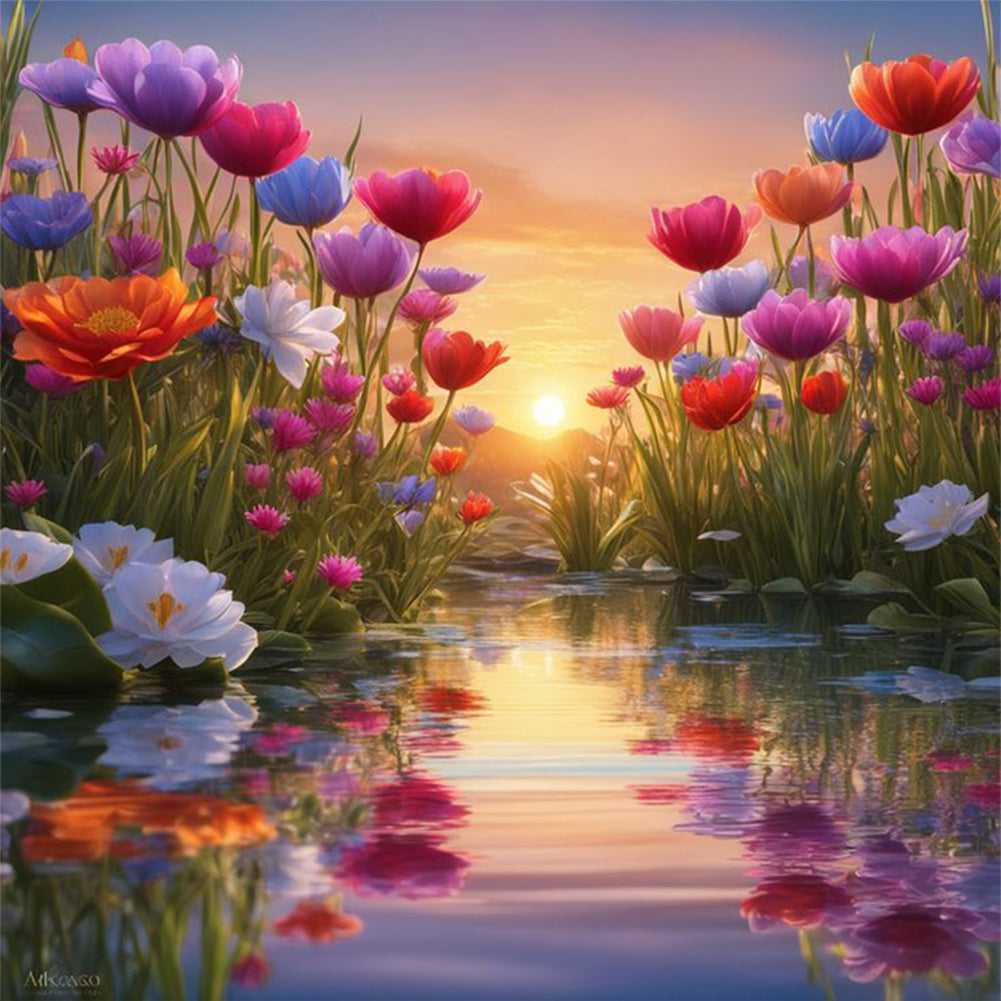 Riverside Of Flowers - 11CT Stamped Cross Stitch 50*50CM