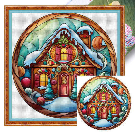 Glass Painting-Christmas House - 18CT Stamped Cross Stitch 20*20CM