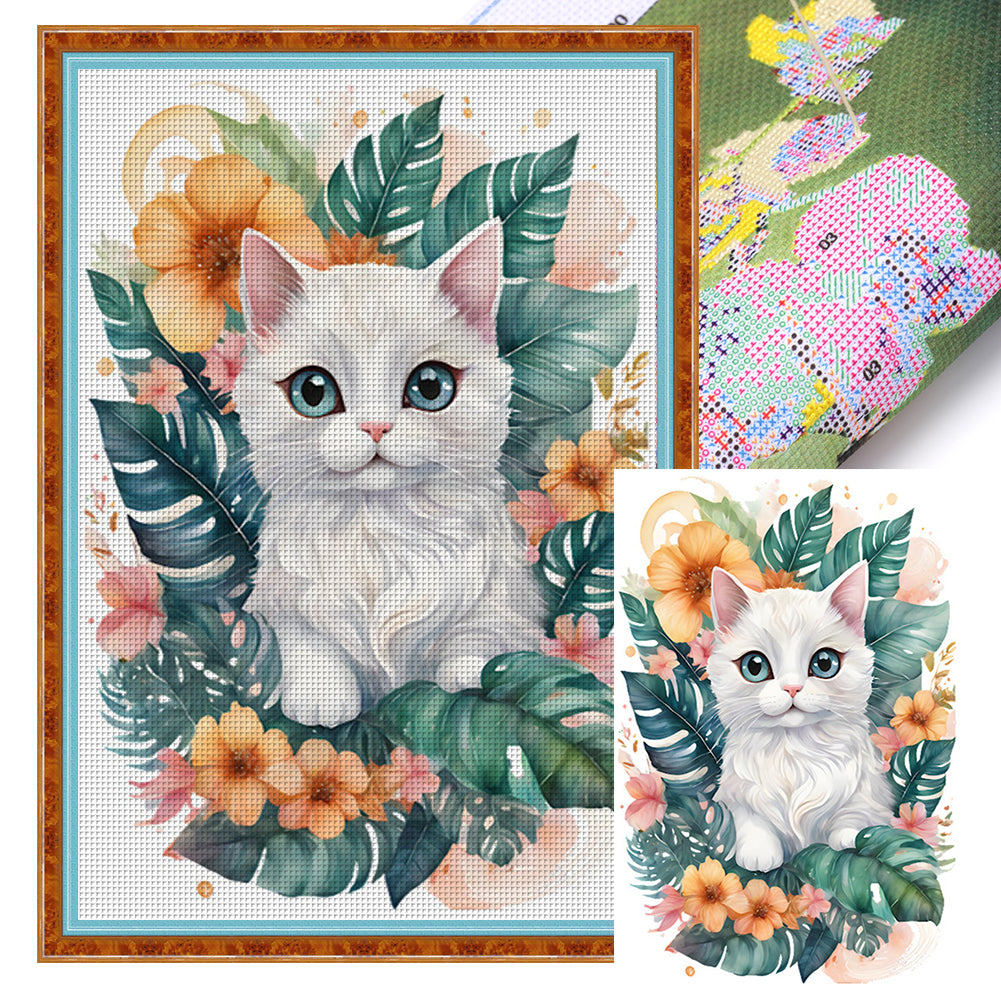 Flowers And Cat - 18CT Stamped Cross Stitch 30*45CM