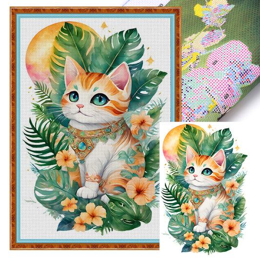 Flowers And Cat - 18CT Stamped Cross Stitch 30*45CM