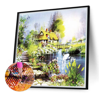 Swan Lake Cottage - Full Round Drill Diamond Painting 40*40CM