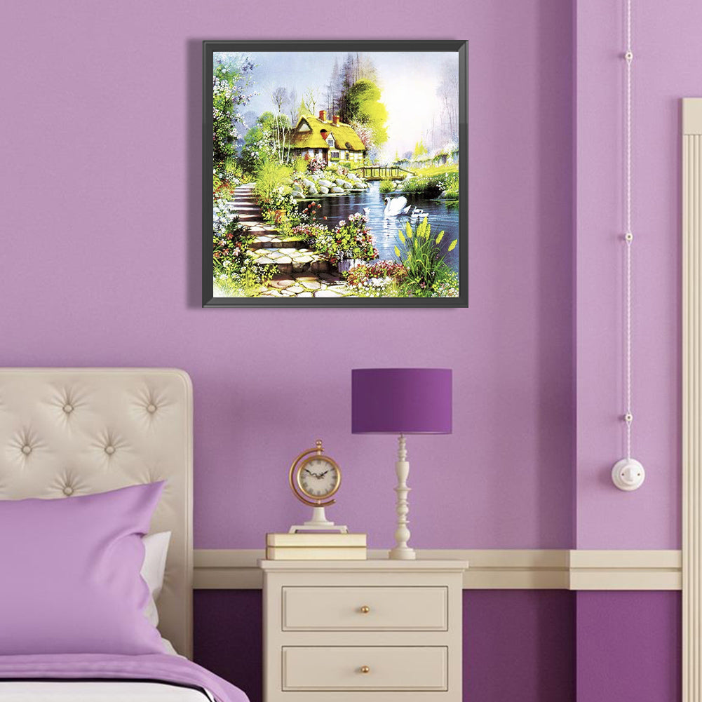 Swan Lake Cottage - Full Round Drill Diamond Painting 40*40CM